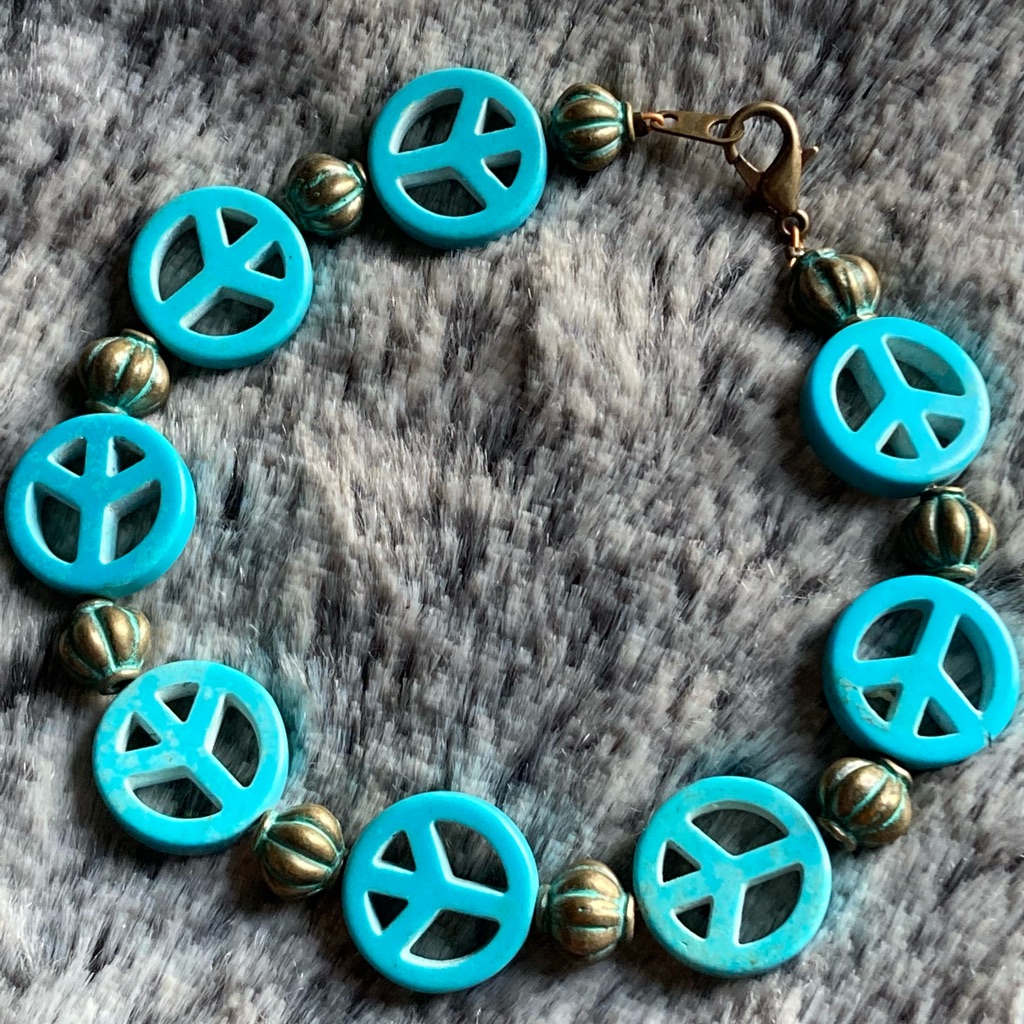 Blue Magnesite Peace Sign Bracelet W/ Brass